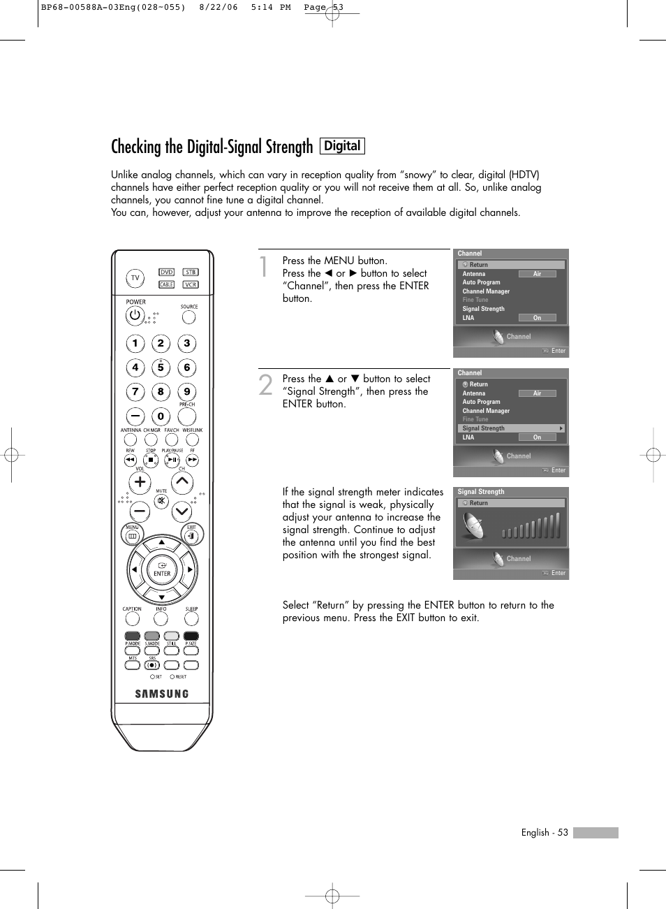 Checking the digital-signal strength-digital, Checking the digital-signal strength, Digital | Samsung HLS5687WX-XAC User Manual | Page 53 / 132