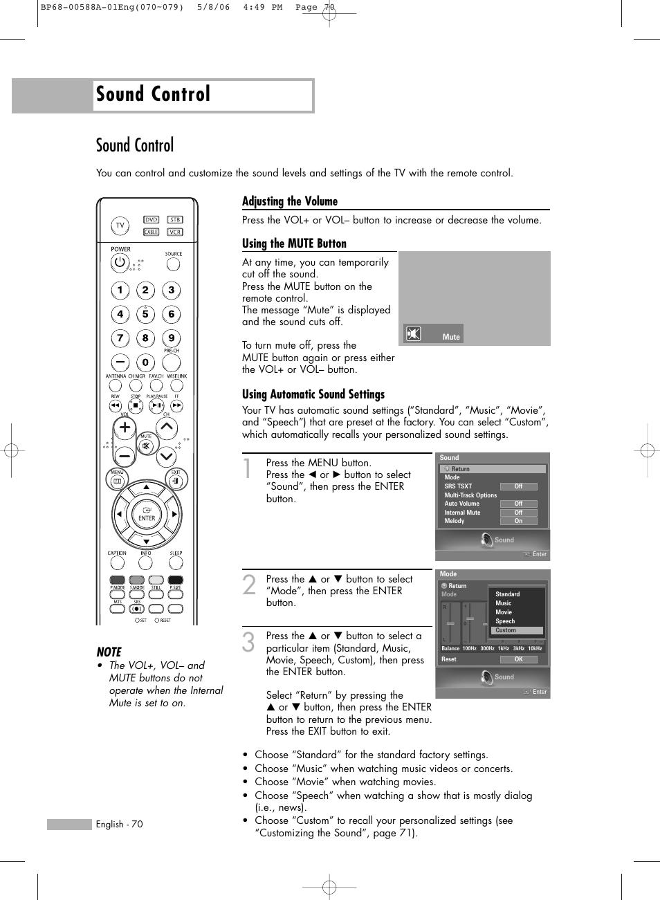 Sound control, Adjusting the volume, Using the mute button | Using automatic sound settings | Samsung HLS5687WX-XAC User Manual | Page 70 / 132