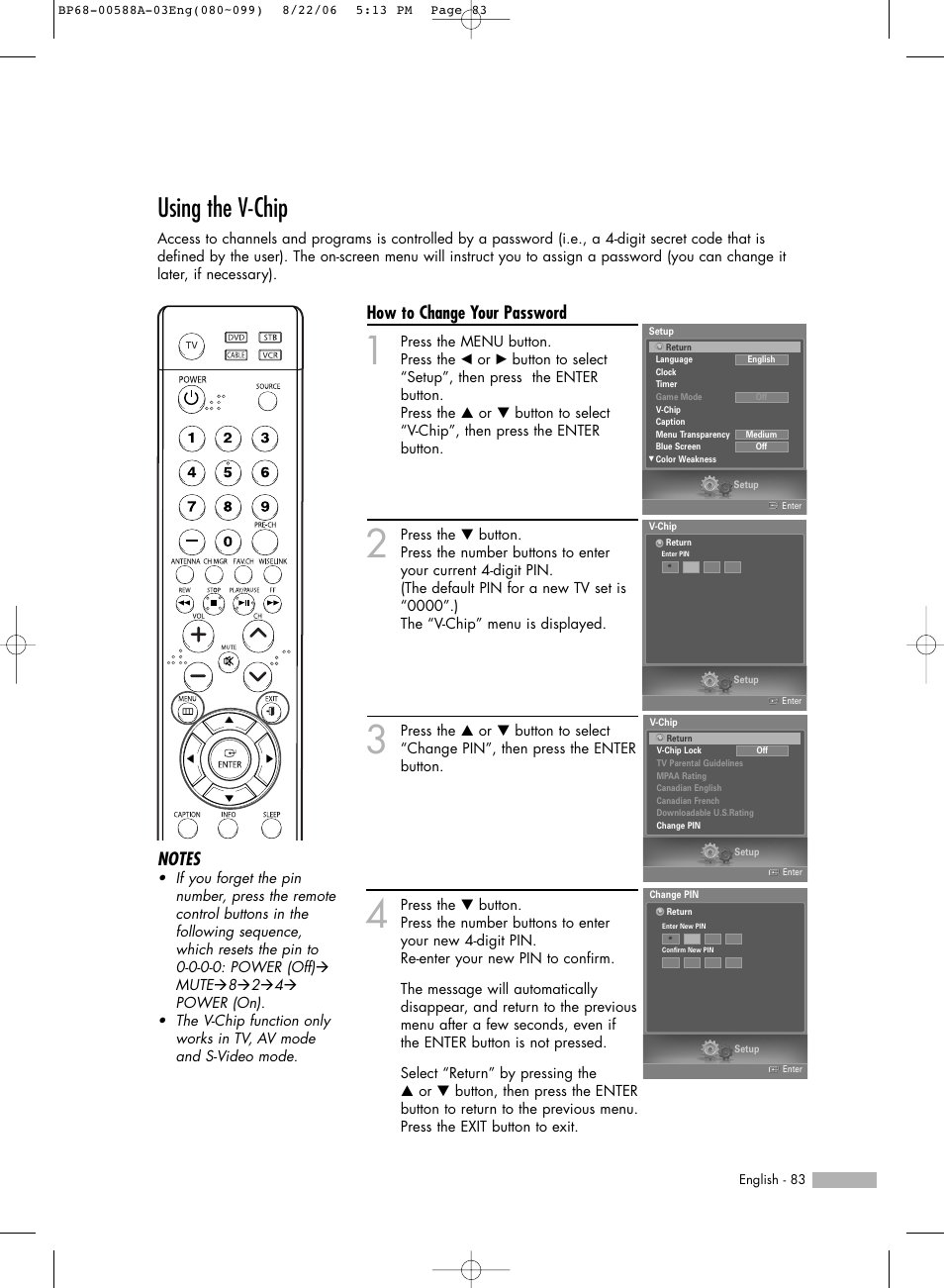 Using the v-chip, How to change your password | Samsung HLS5687WX-XAC User Manual | Page 83 / 132