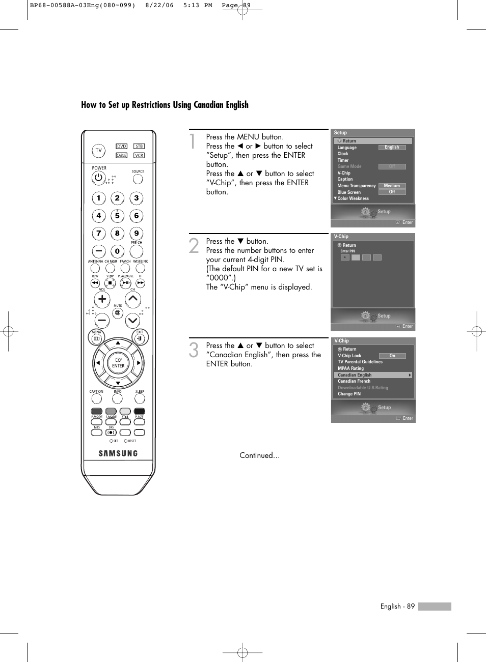 How to set up restrictions using canadian english | Samsung HLS5687WX-XAC User Manual | Page 89 / 132