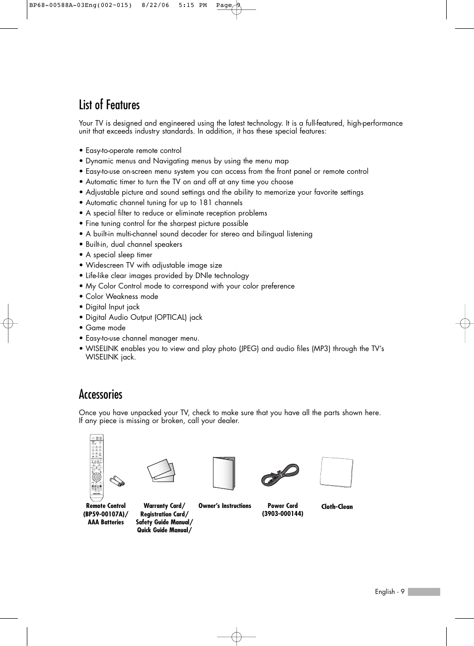 List of features, Accessories | Samsung HLS5687WX-XAC User Manual | Page 9 / 132