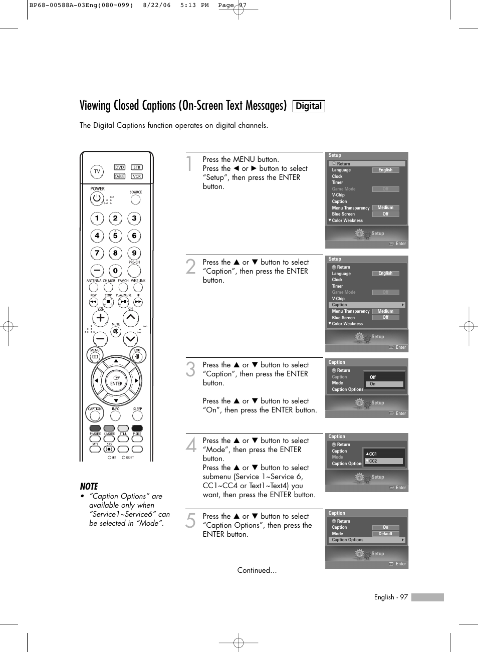 Viewing closed captions (on-screen text messages), Digital | Samsung HLS5687WX-XAC User Manual | Page 97 / 132