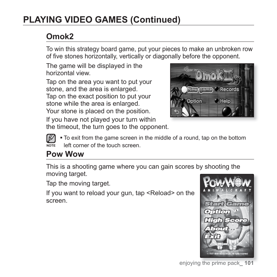 Playing video games (continued), Omok2, Pow wow | Samsung YP-P2JCB-XAA User Manual | Page 101 / 146