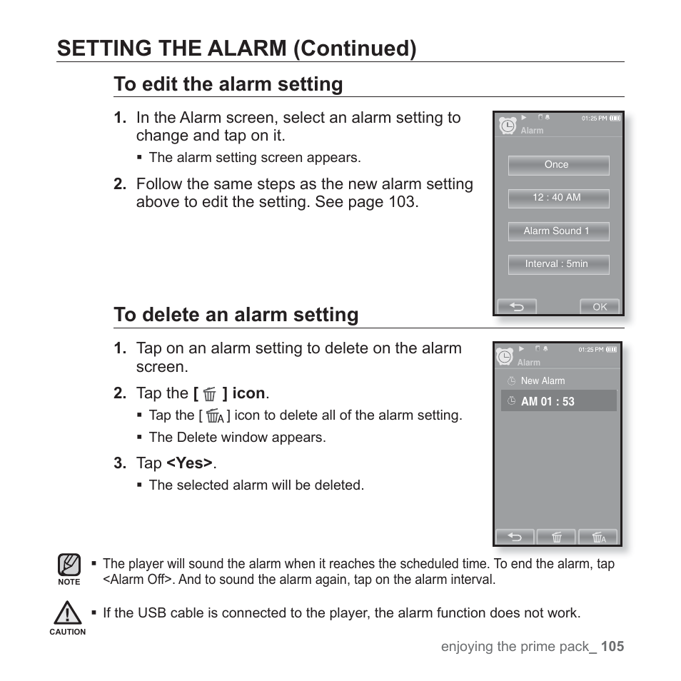 Setting the alarm (continued) | Samsung YP-P2JCB-XAA User Manual | Page 105 / 146
