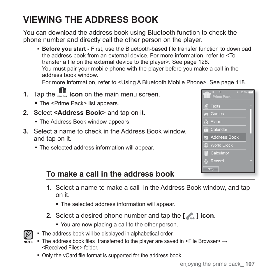 Viewing the address book | Samsung YP-P2JCB-XAA User Manual | Page 107 / 146