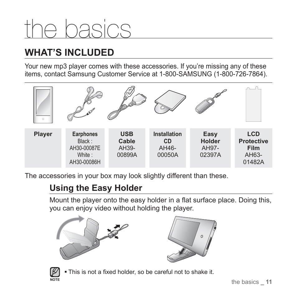 The basics, What’s included, Using the easy holder | Samsung YP-P2JCB-XAA User Manual | Page 11 / 146