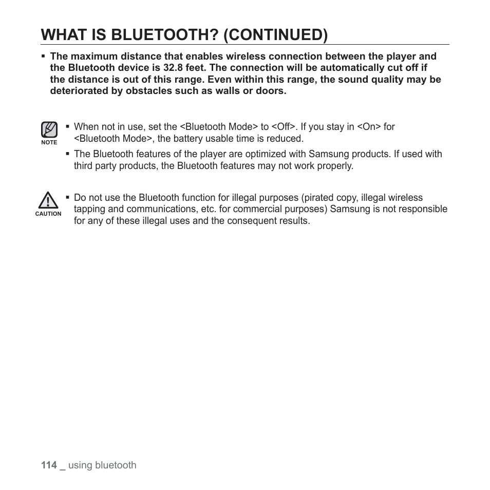 What is bluetooth? (continued) | Samsung YP-P2JCB-XAA User Manual | Page 114 / 146