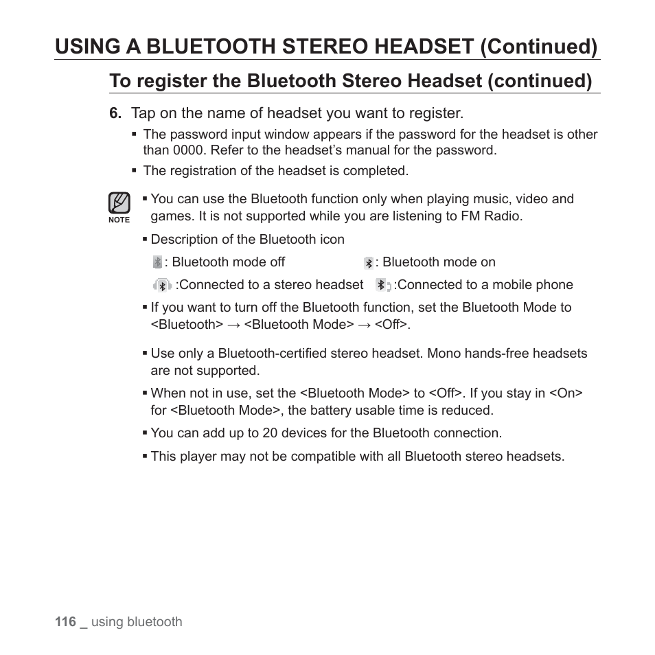 Using a bluetooth stereo headset (continued) | Samsung YP-P2JCB-XAA User Manual | Page 116 / 146