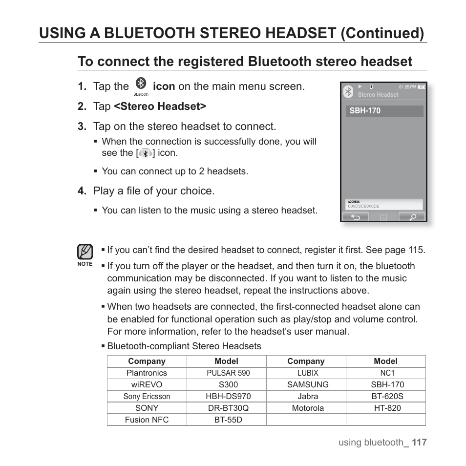Using a bluetooth stereo headset (continued), Play a fi le of your choice | Samsung YP-P2JCB-XAA User Manual | Page 117 / 146