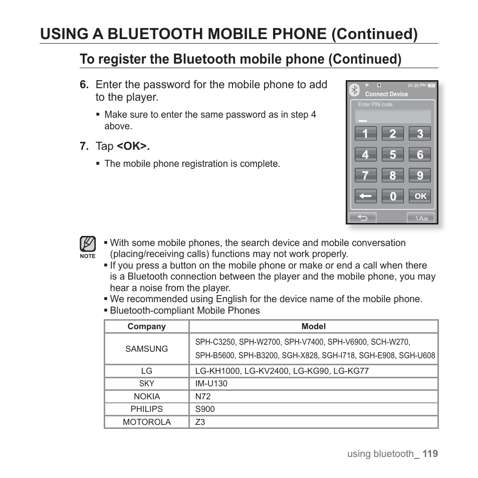 Using a bluetooth mobile phone (continued), Tap <ok | Samsung YP-P2JCB-XAA User Manual | Page 119 / 146