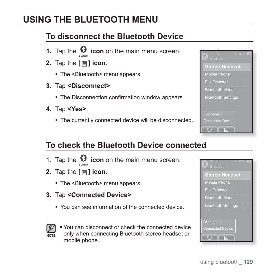 Using the bluetooth menu | Samsung YP-P2JCB-XAA User Manual | Page 129 / 146