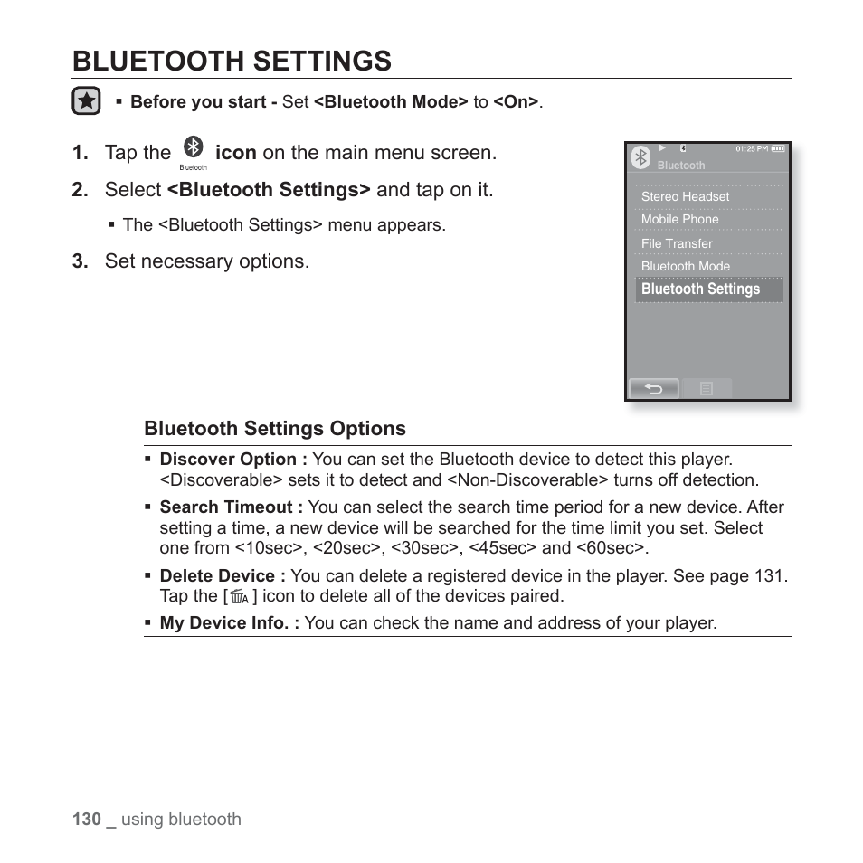 Bluetooth settings | Samsung YP-P2JCB-XAA User Manual | Page 130 / 146