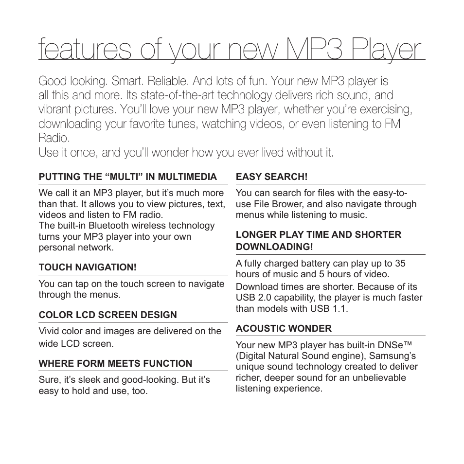 Features of your new mp3 player | Samsung YP-P2JCB-XAA User Manual | Page 2 / 146