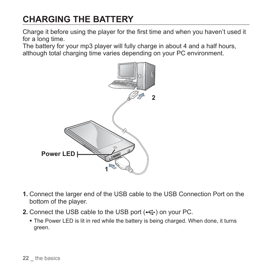 Charging the battery | Samsung YP-P2JCB-XAA User Manual | Page 22 / 146