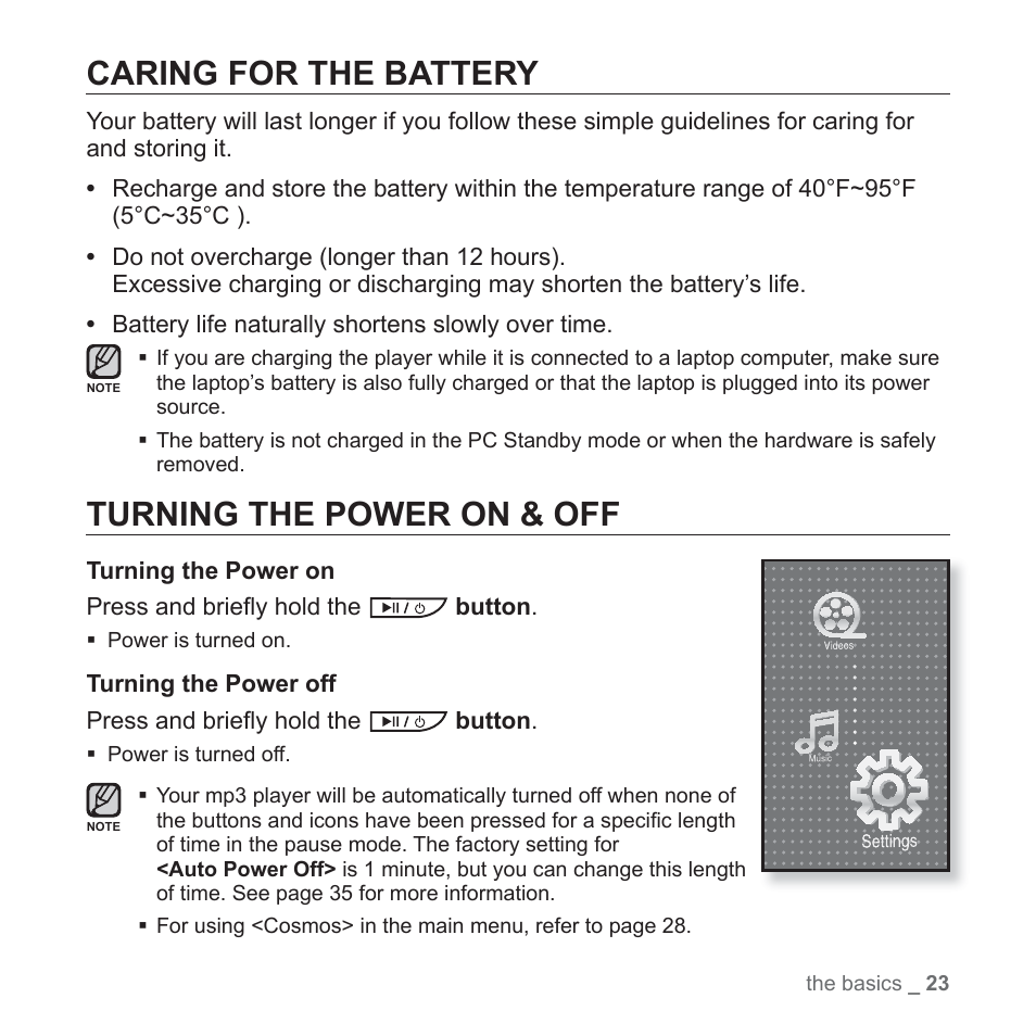 Caring for the battery, Turning the power on & off | Samsung YP-P2JCB-XAA User Manual | Page 23 / 146