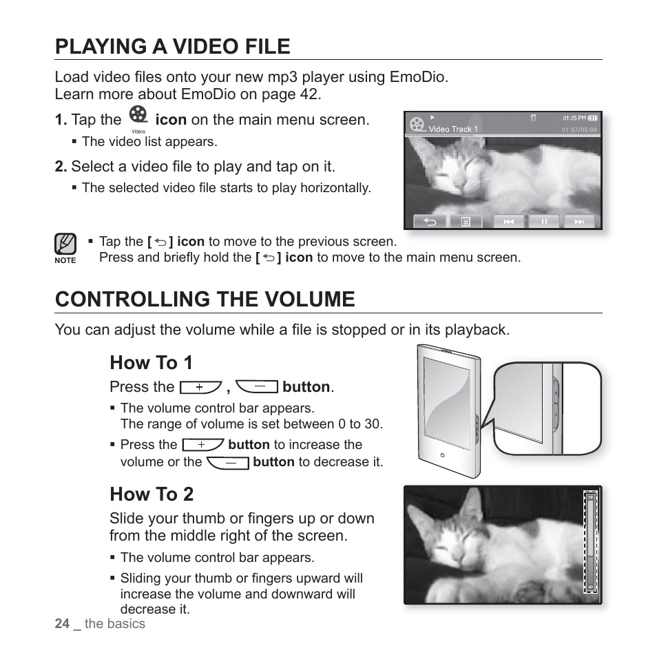 Playing a video file, Controlling the volume, How to 1 | How to 2 | Samsung YP-P2JCB-XAA User Manual | Page 24 / 146