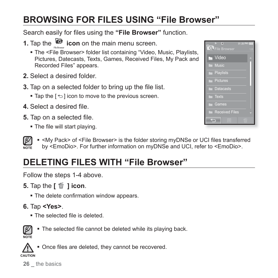 Browsing for files using “file browser, Deleting files with “file browser | Samsung YP-P2JCB-XAA User Manual | Page 26 / 146