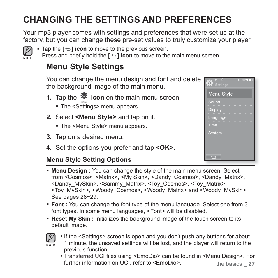 Changing the settings and preferences, Menu style settings | Samsung YP-P2JCB-XAA User Manual | Page 27 / 146
