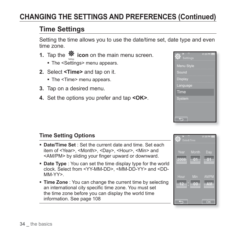 Changing the settings and preferences (continued), Time settings | Samsung YP-P2JCB-XAA User Manual | Page 34 / 146