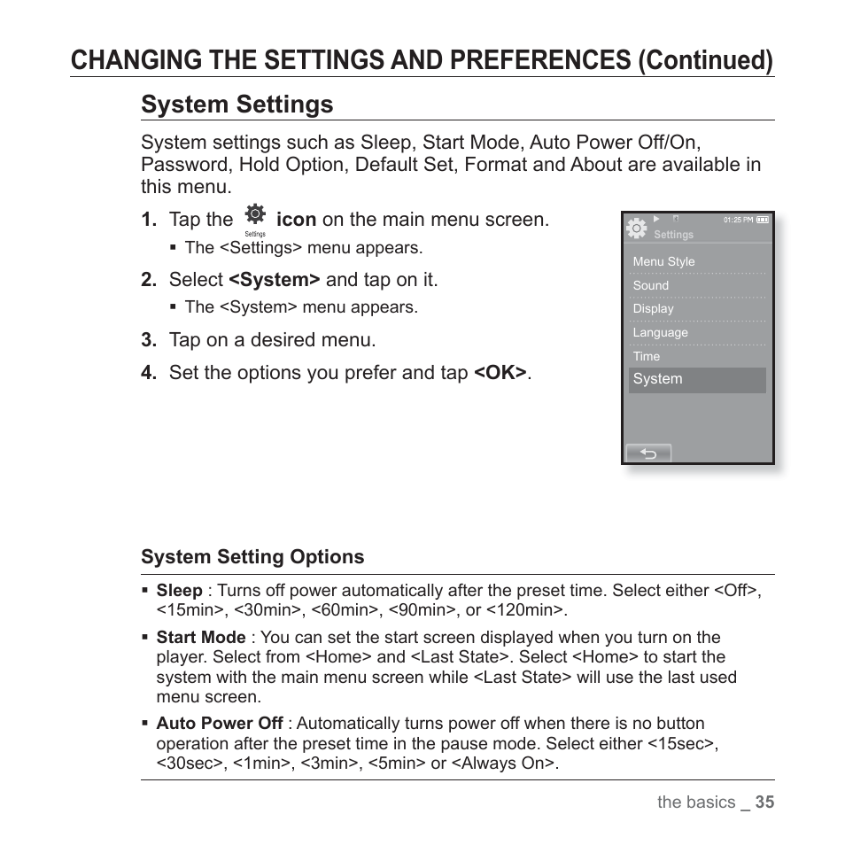 Changing the settings and preferences (continued), System settings | Samsung YP-P2JCB-XAA User Manual | Page 35 / 146