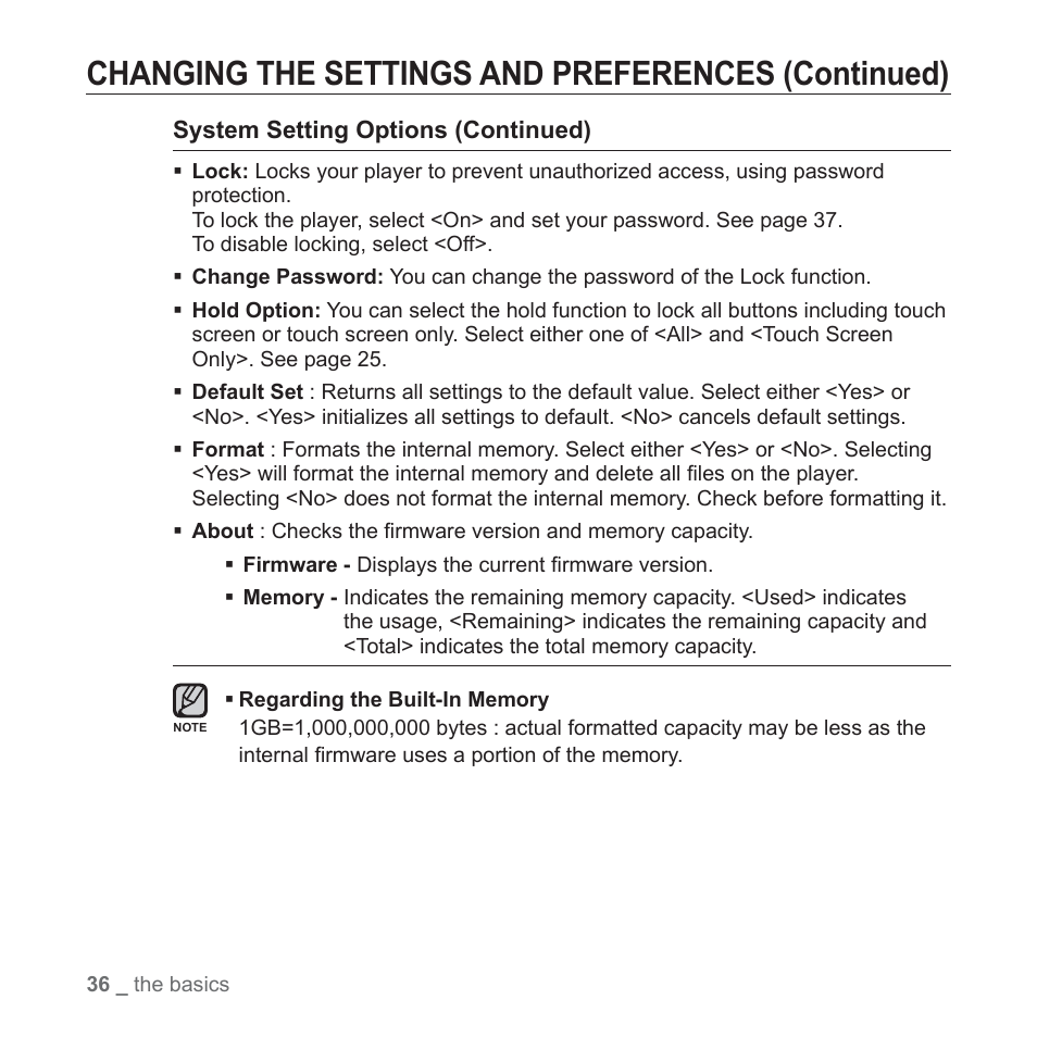 Changing the settings and preferences (continued) | Samsung YP-P2JCB-XAA User Manual | Page 36 / 146