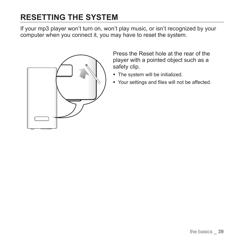 Resetting the system | Samsung YP-P2JCB-XAA User Manual | Page 39 / 146