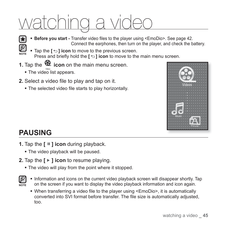 Watching a video, Pausing | Samsung YP-P2JCB-XAA User Manual | Page 45 / 146