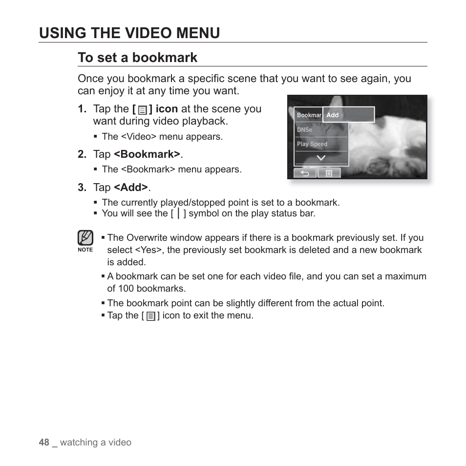 Using the video menu | Samsung YP-P2JCB-XAA User Manual | Page 48 / 146