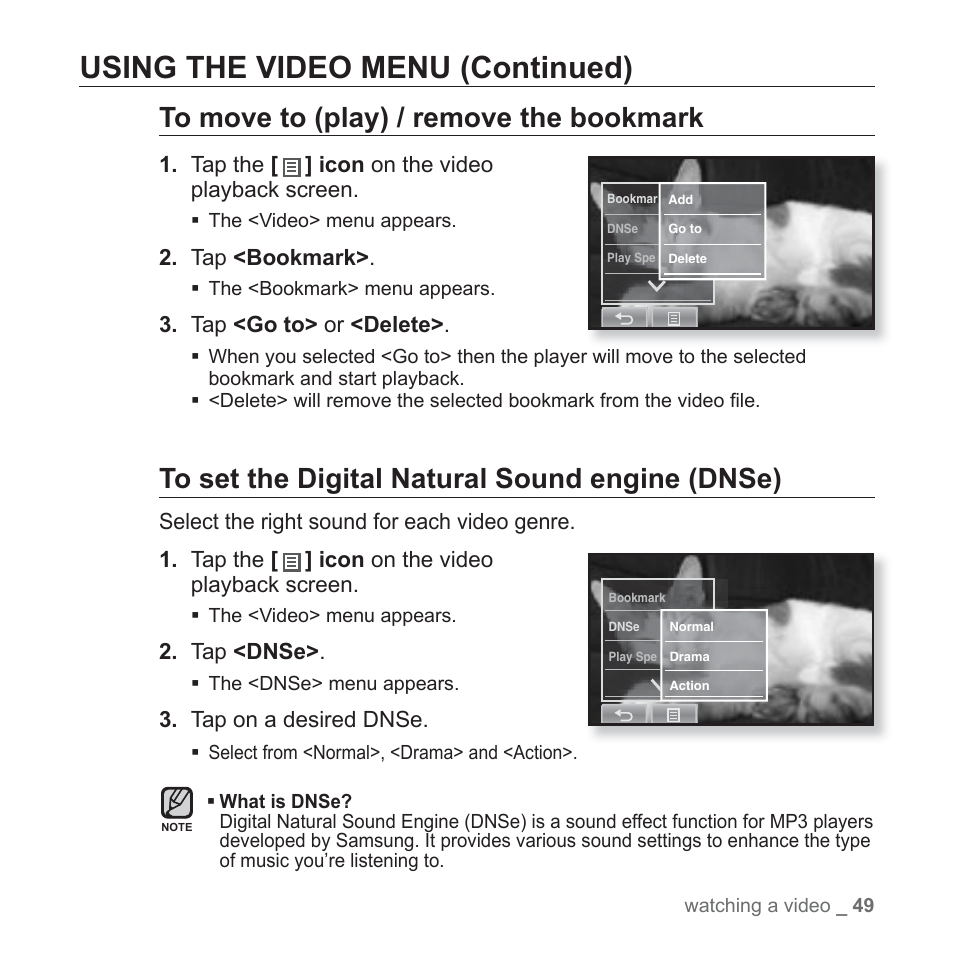 Using the video menu (continued) | Samsung YP-P2JCB-XAA User Manual | Page 49 / 146