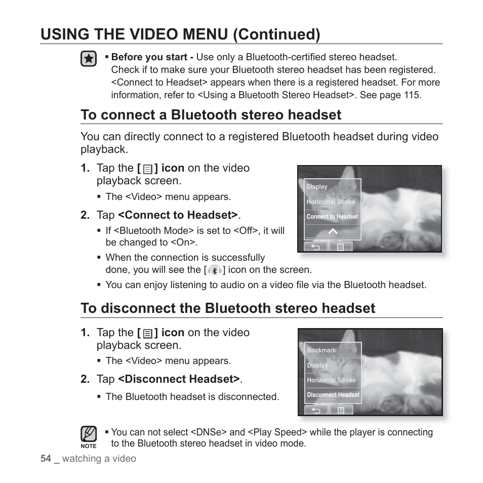 Using the video menu (continued) | Samsung YP-P2JCB-XAA User Manual | Page 54 / 146