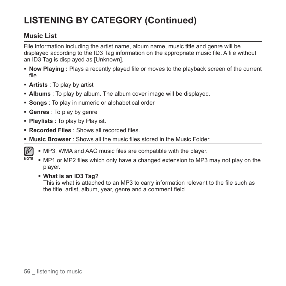 Listening by category (continued) | Samsung YP-P2JCB-XAA User Manual | Page 56 / 146