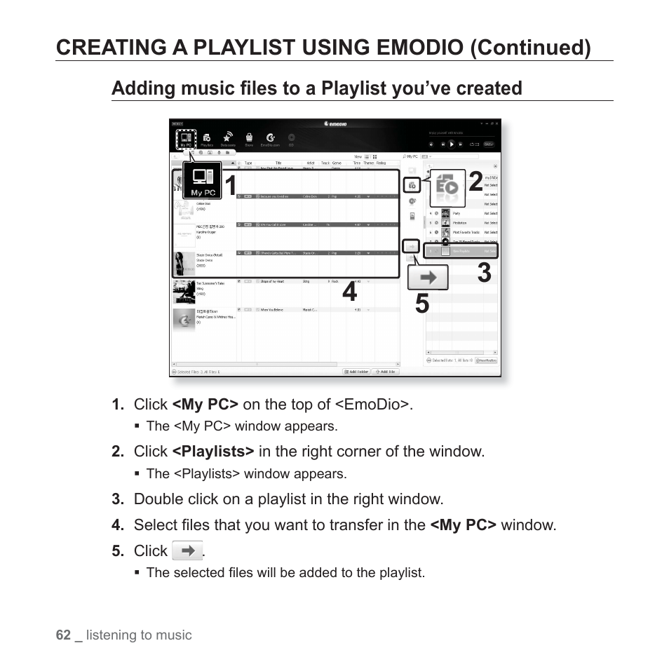 Adding music fi les to a playlist you’ve created, Creating a playlist using emodio (continued) | Samsung YP-P2JCB-XAA User Manual | Page 62 / 146