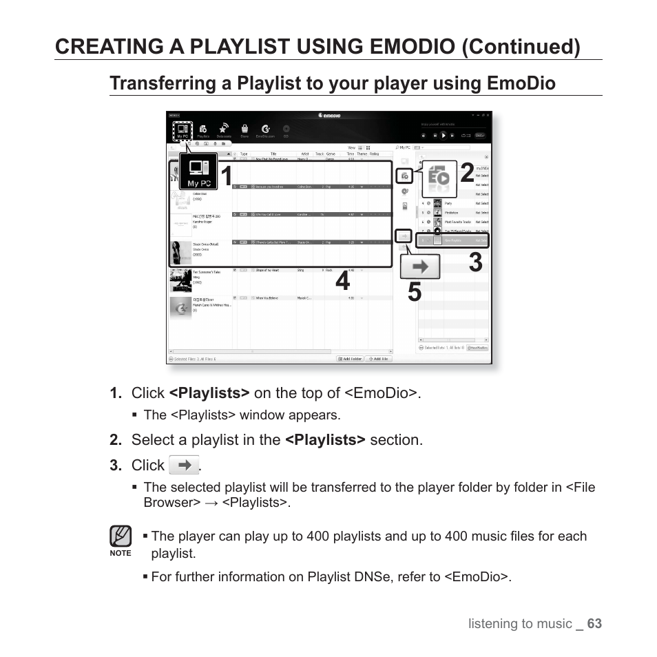 Creating a playlist using emodio (continued) | Samsung YP-P2JCB-XAA User Manual | Page 63 / 146