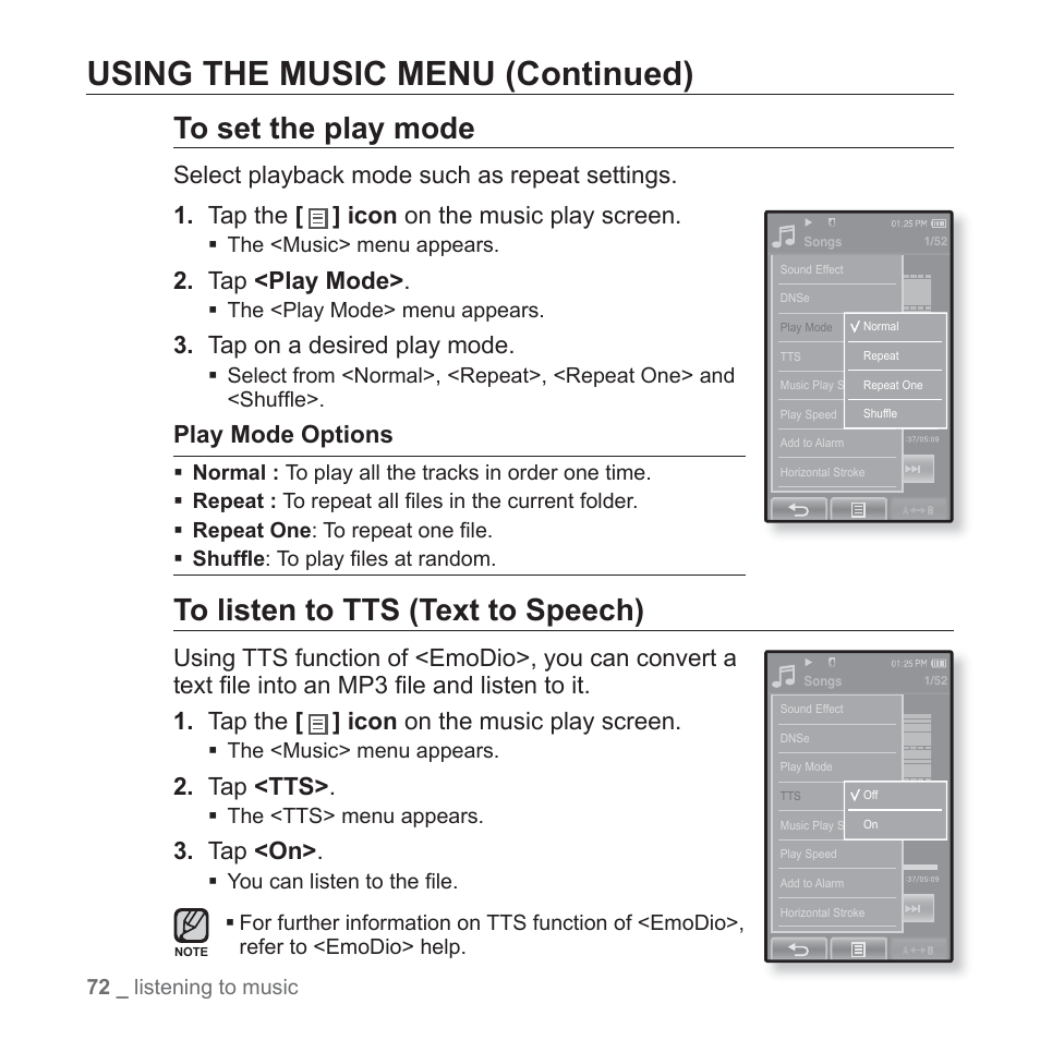 Using the music menu (continued), Tap <play mode, Tap on a desired play mode | Play mode options, Tap <tts, Tap <on | Samsung YP-P2JCB-XAA User Manual | Page 72 / 146