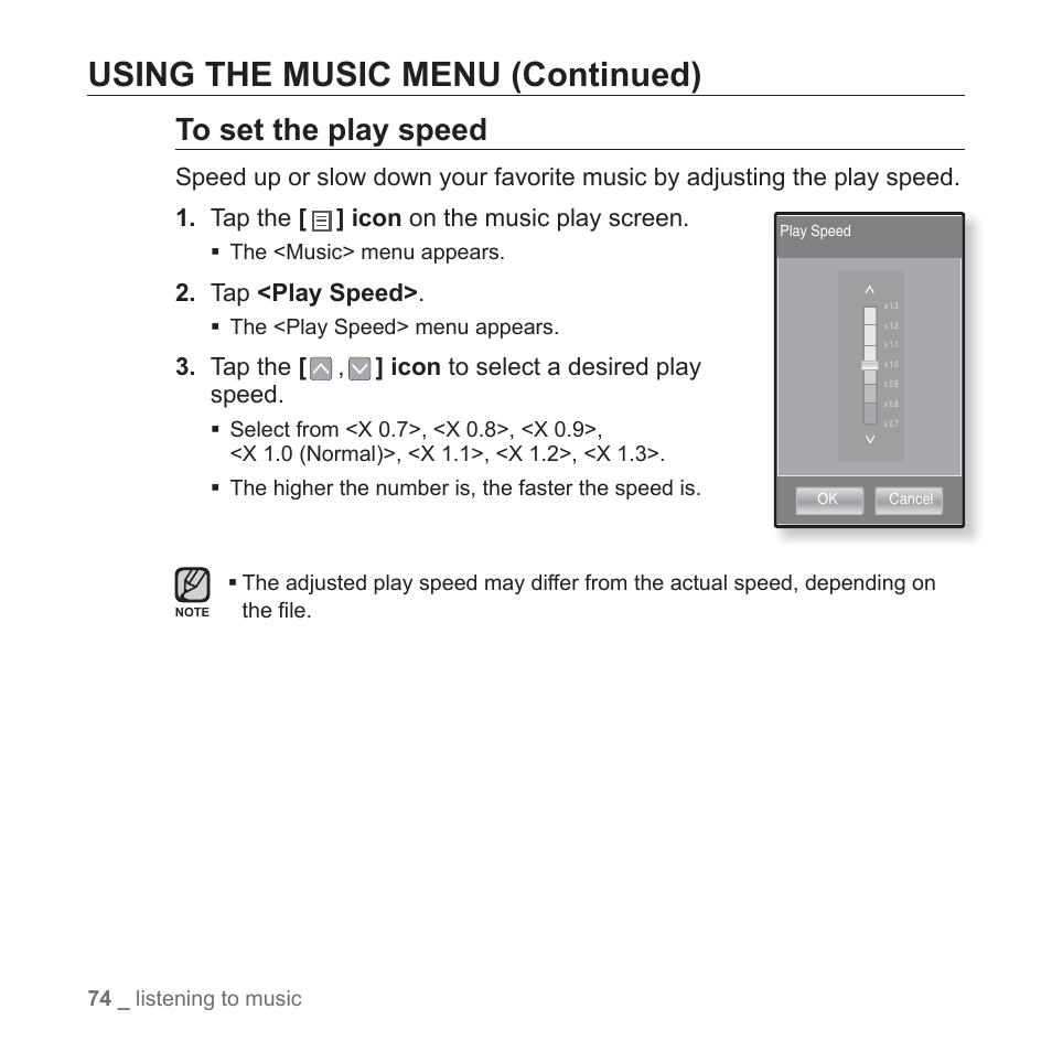 Using the music menu (continued), Tap <play speed, Tap the [ , ] icon to select a desired play speed | Samsung YP-P2JCB-XAA User Manual | Page 74 / 146