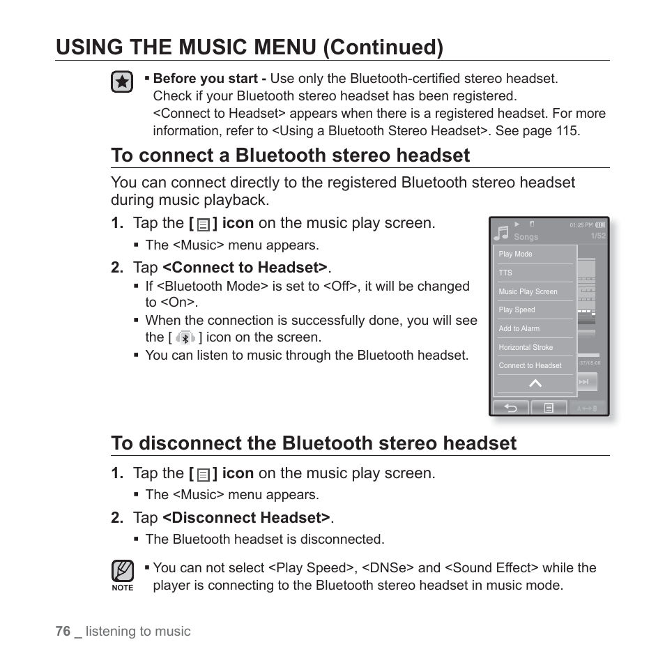 Using the music menu (continued) | Samsung YP-P2JCB-XAA User Manual | Page 76 / 146