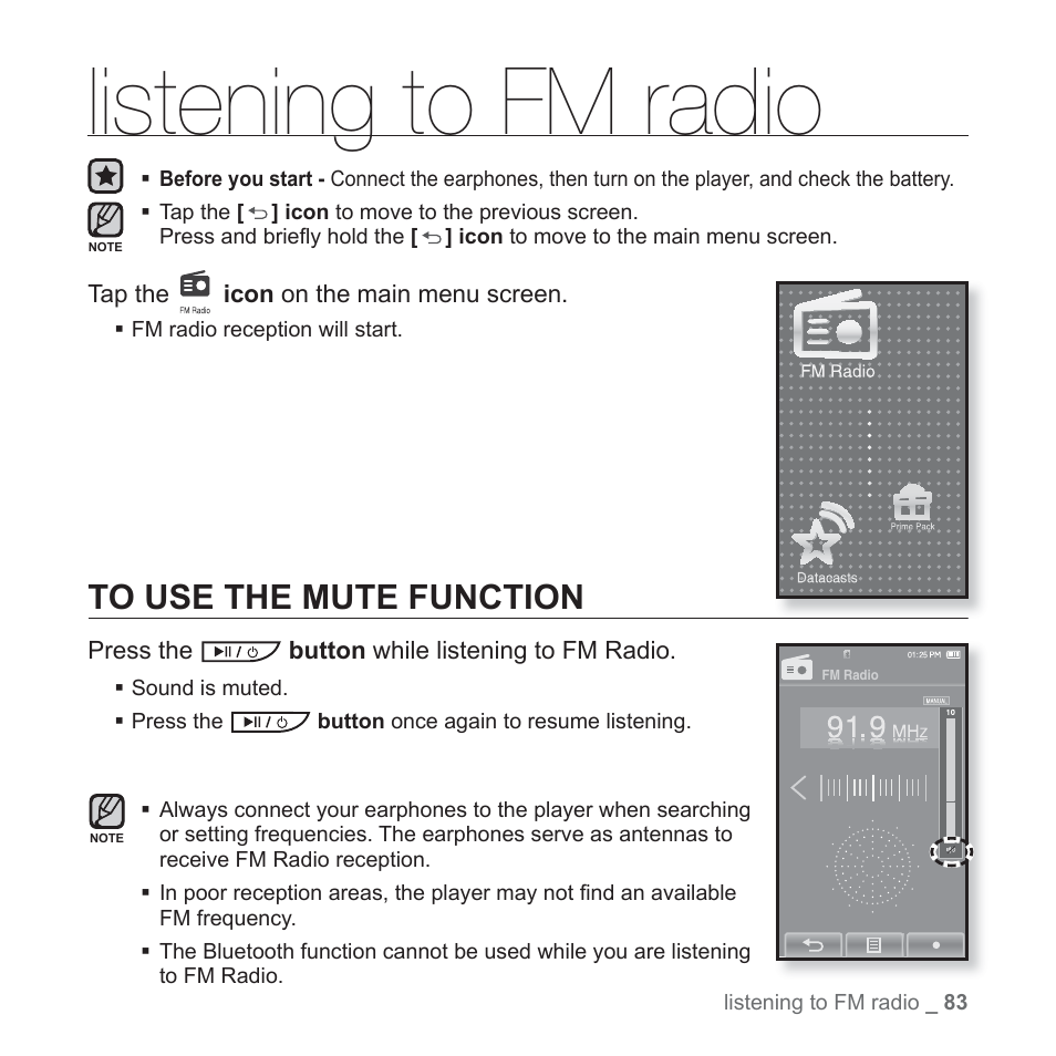 Listening to fm radio, To use the mute function | Samsung YP-P2JCB-XAA User Manual | Page 83 / 146