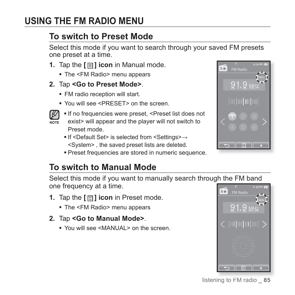 Using the fm radio menu | Samsung YP-P2JCB-XAA User Manual | Page 85 / 146
