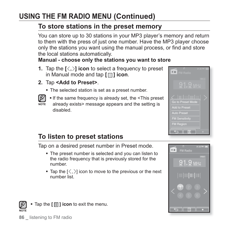 Using the fm radio menu (continued) | Samsung YP-P2JCB-XAA User Manual | Page 86 / 146