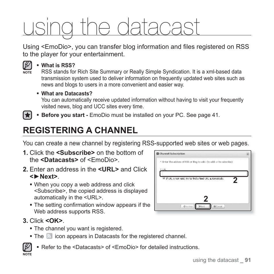 Using the datacast, Registering a channel | Samsung YP-P2JCB-XAA User Manual | Page 91 / 146