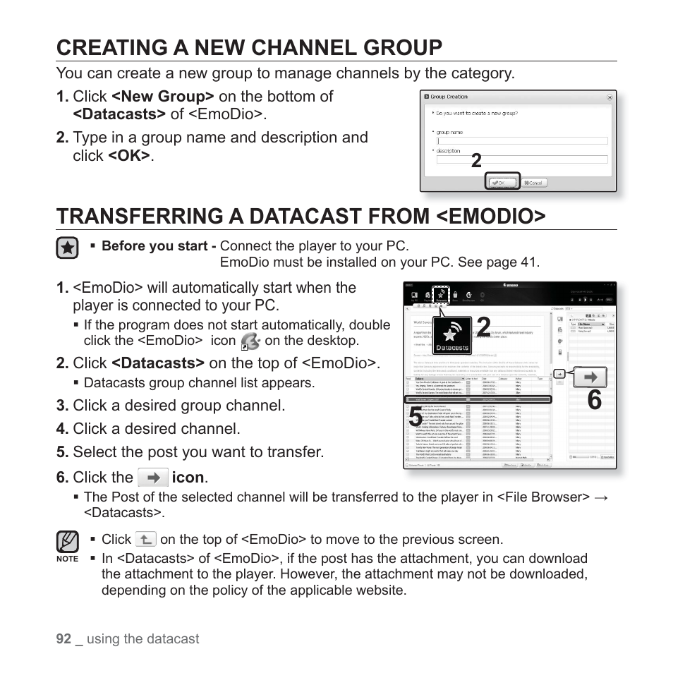 Creating a new channel group, Transferring a datacast from <emodio | Samsung YP-P2JCB-XAA User Manual | Page 92 / 146