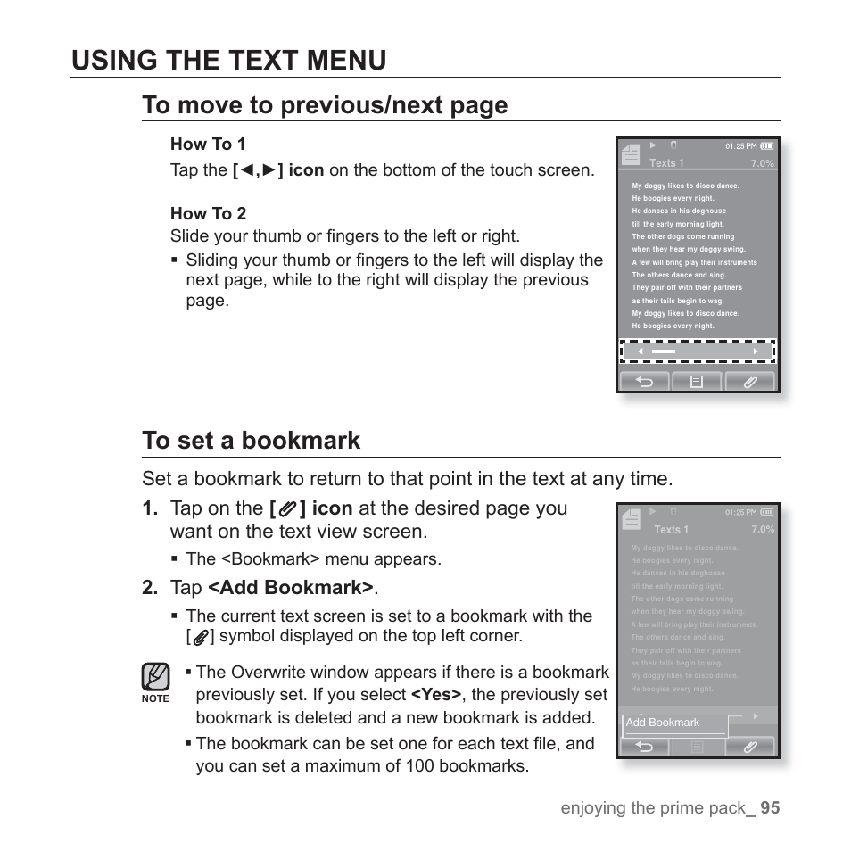 Using the text menu, Tap <add bookmark | Samsung YP-P2JCB-XAA User Manual | Page 95 / 146