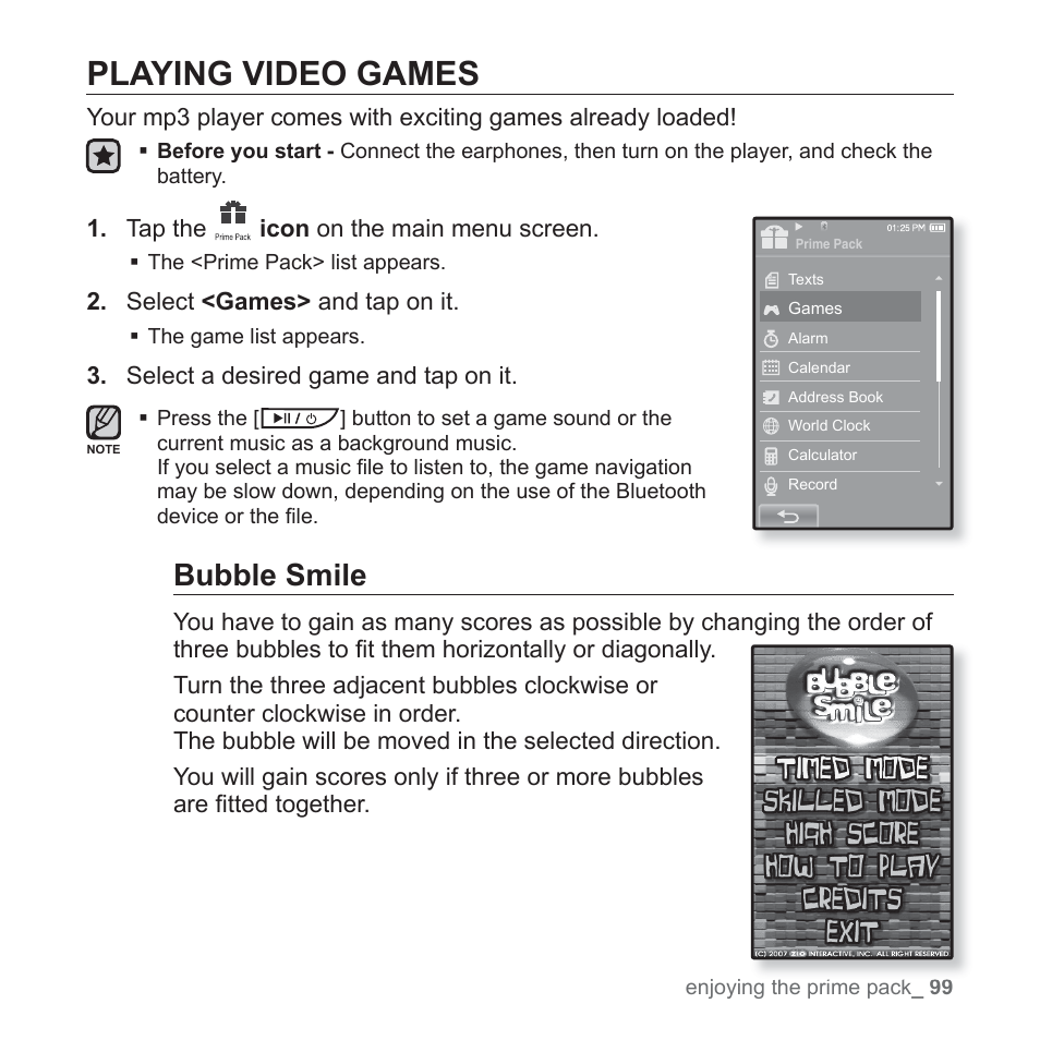 Playing video games, Bubble smile | Samsung YP-P2JCB-XAA User Manual | Page 99 / 146