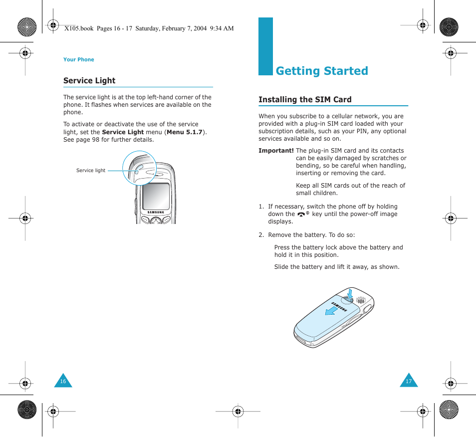 Getting started | Samsung SGH-X105NBATMB User Manual | Page 10 / 82