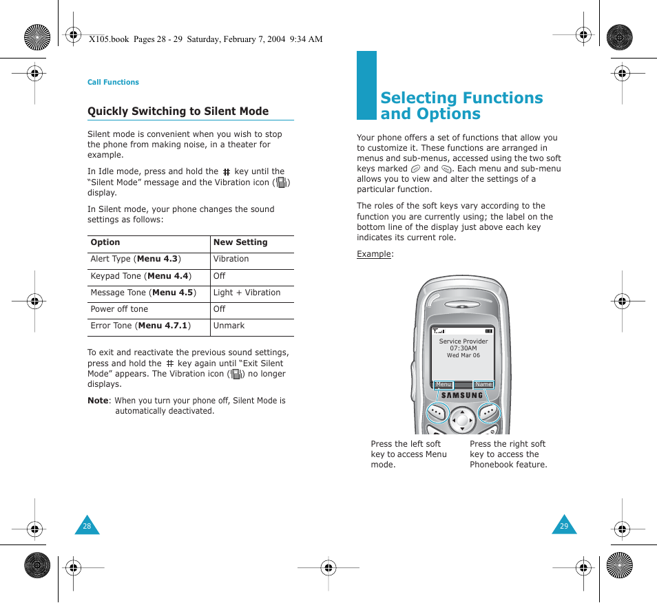 Selecting functions and options | Samsung SGH-X105NBATMB User Manual | Page 16 / 82