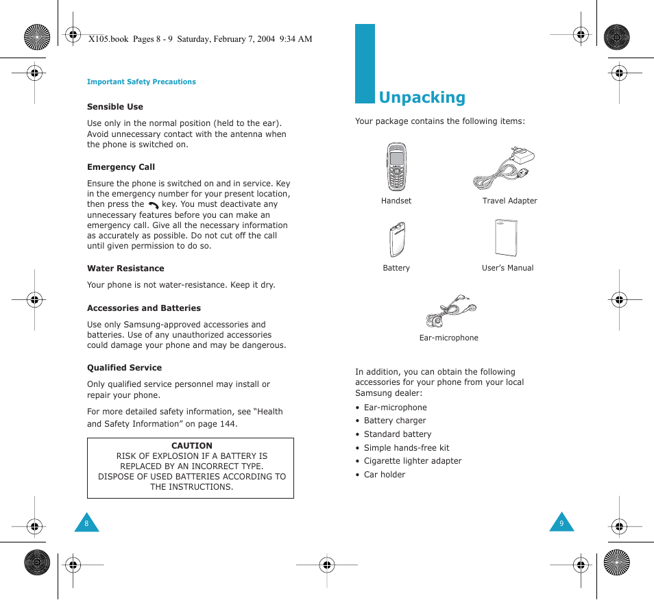 Unpacking | Samsung SGH-X105NBATMB User Manual | Page 6 / 82