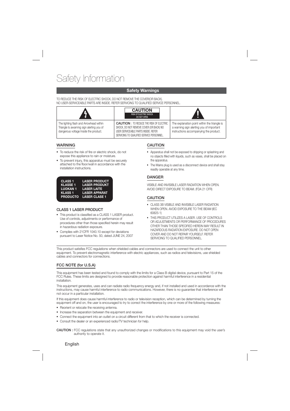 Safety information, Safety warnings | Samsung HT-E550-ZA User Manual | Page 2 / 45
