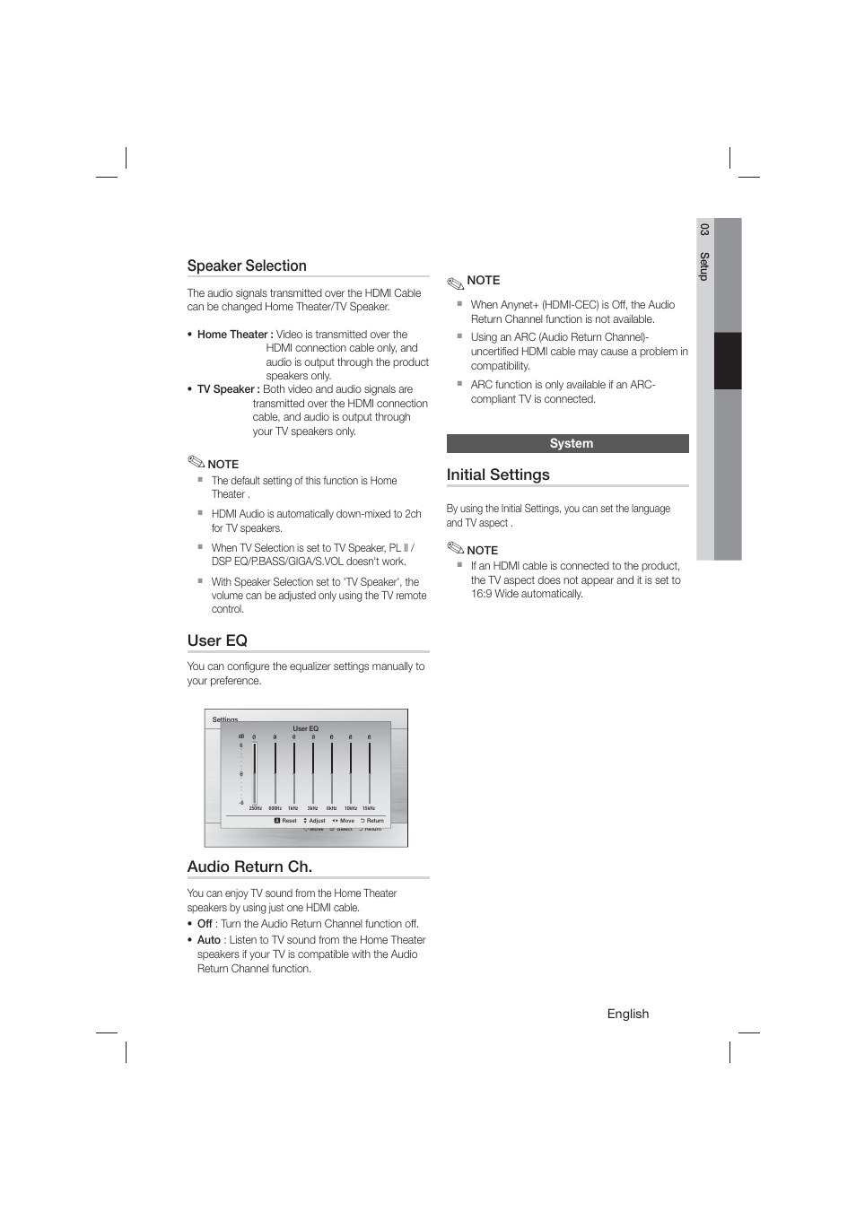 System, Speaker selection, User eq | Audio return ch, Initial settings | Samsung HT-E550-ZA User Manual | Page 25 / 45