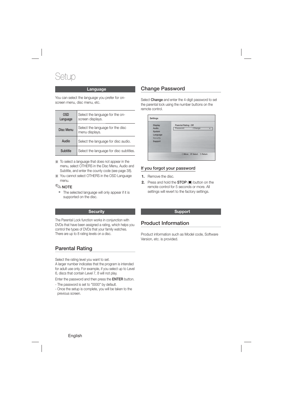 Language, Security, Support | Basic functions, Setup, Parental rating, Change password, Product information | Samsung HT-E550-ZA User Manual | Page 26 / 45