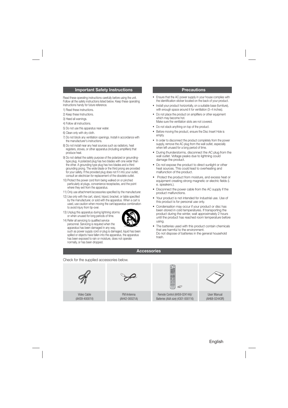 Important safety instructions, Precautions, Accessories | Samsung HT-E550-ZA User Manual | Page 3 / 45